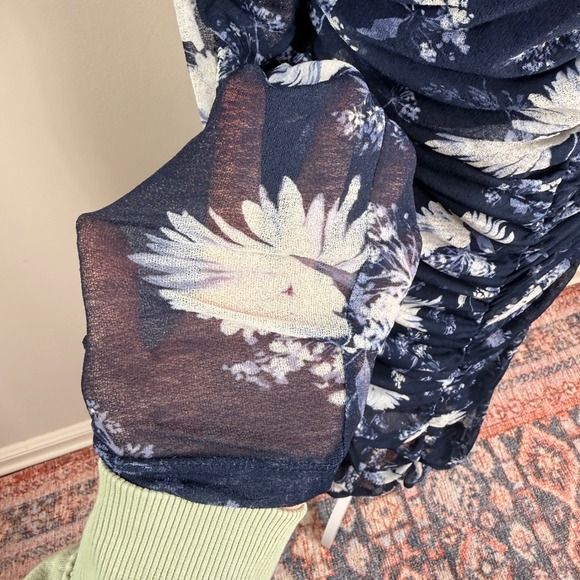 Abercrombie & Fitch Navy Blue Floral Ruched Mesh Maxi Dress Large Stretch NWT - Picture 6 of 10